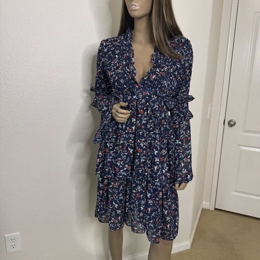 Walter Baker Dress Size 2 Blue Floral Print Diana Tiered Ruffle Layered Nautical